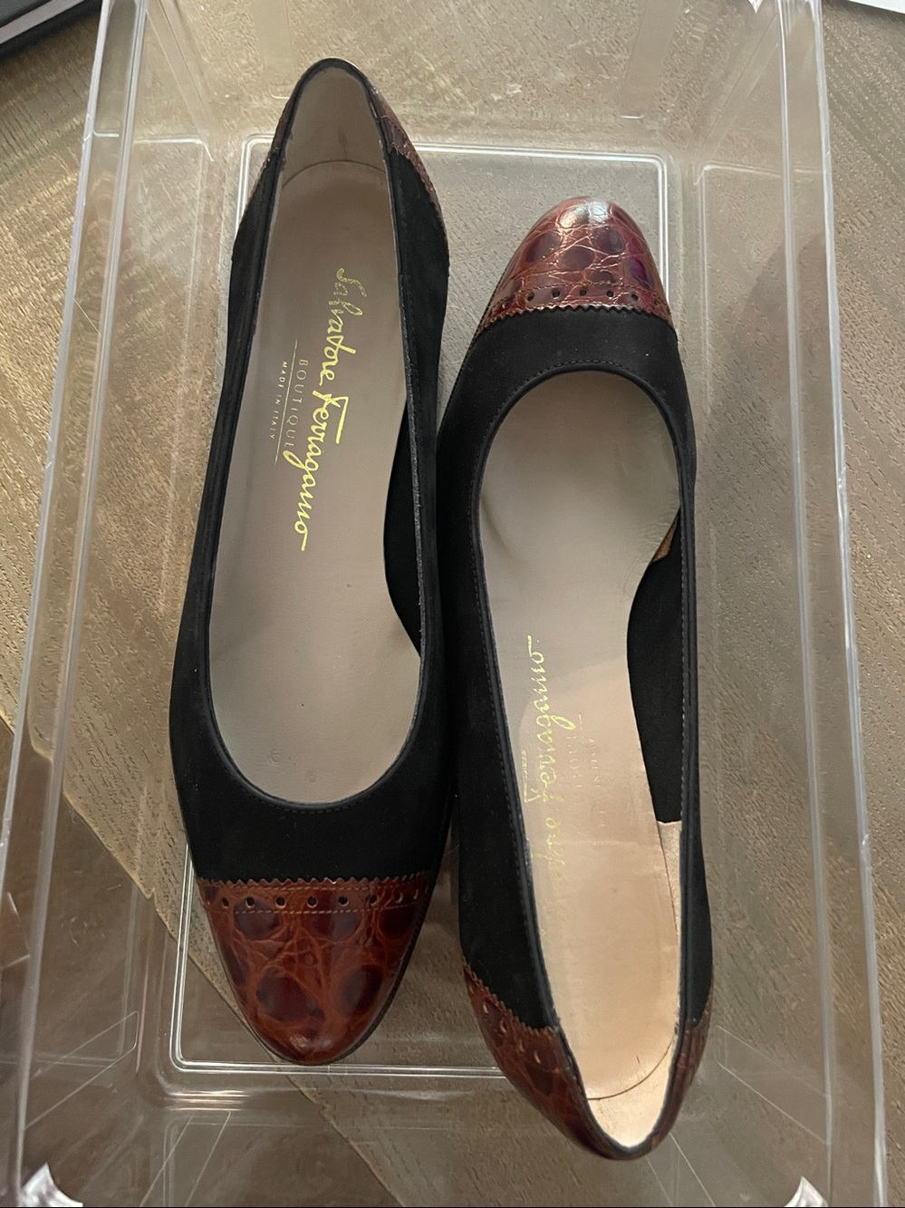 Ferragamo Black Suede Flats with Brown Croc-Textured Toe - Picture 7 of 8